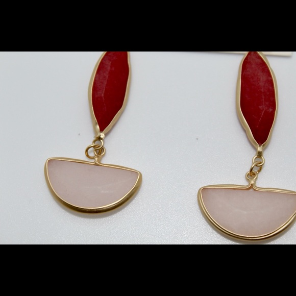 Gold outlined geometrical gemstone drop earrings - Picture 3 of 3